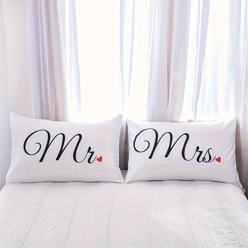 2pcs Soft & Cozy White Couple Throw Pillow Covers - Mr & Mrs Script with Red Heart Design, 18x18 Inch Polyester Decorative Pillowcases for Living Room, Bedroom, Sofa - Machine Washable, No Insert Included, Pillows for Couch