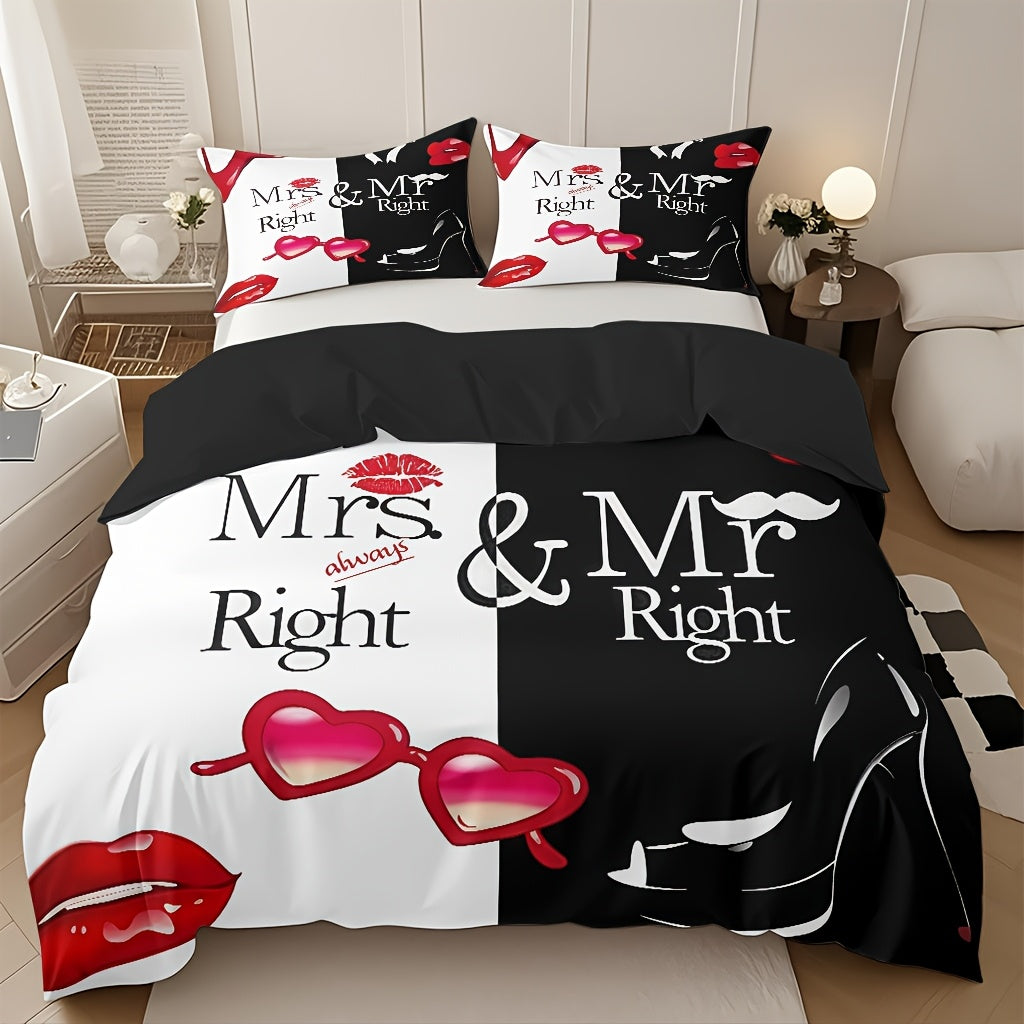 3pcs Comfortable Romantic Couple Themed Duvet Cover Set, Soft High-Definition Digital Print with Black And White Contrast, All-Season, Perfect Gift for Family And Friends, Machine Washable (1 Duvet Cover + 2 Pillowcases, No Filling)