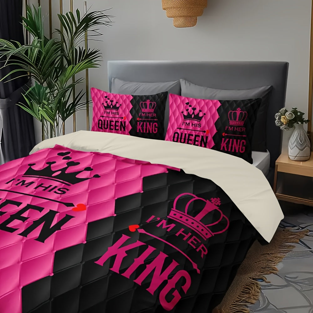 3pcs Couple'S King and Queen Print Duvet Cover Set with 1 Duvet Cover + 2 Pillowcases Without Pillows, Four Seasons Home Dorm High-Definition Romantic Love Crown Design, Pink Black Contrast, Exuding Sweetness and Elegance