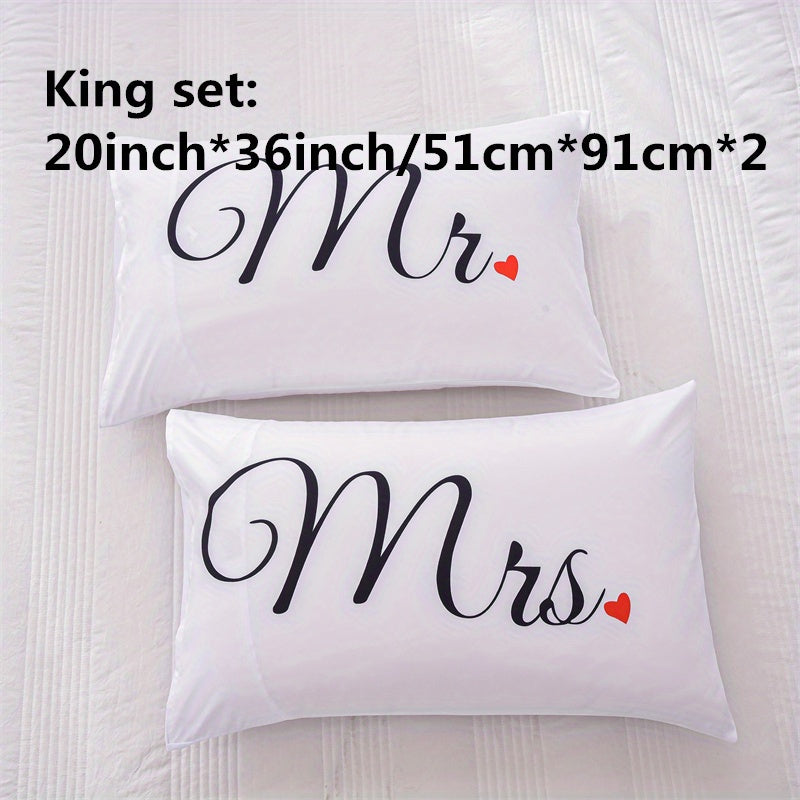 2pcs Soft & Cozy White Couple Throw Pillow Covers - Mr & Mrs Script with Red Heart Design, 18x18 Inch Polyester Decorative Pillowcases for Living Room, Bedroom, Sofa - Machine Washable, No Insert Included, Pillows for Couch