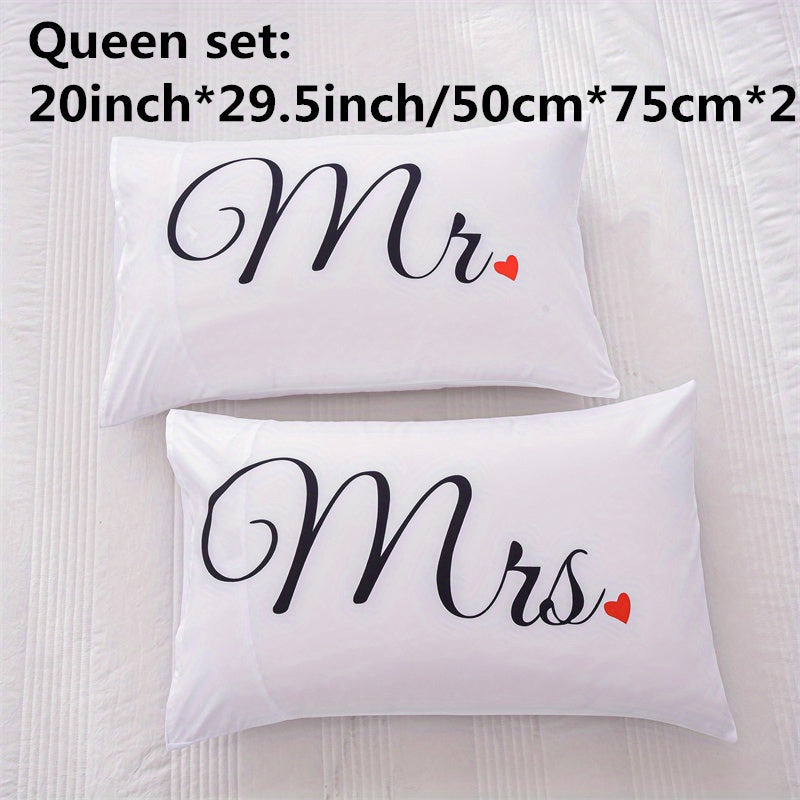 2pcs Soft & Cozy White Couple Throw Pillow Covers - Mr & Mrs Script with Red Heart Design, 18x18 Inch Polyester Decorative Pillowcases for Living Room, Bedroom, Sofa - Machine Washable, No Insert Included, Pillows for Couch