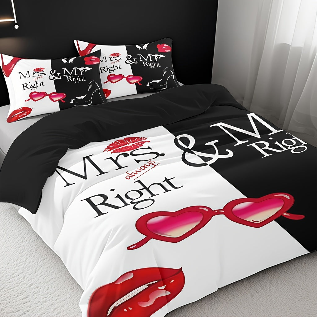 3pcs Comfortable Romantic Couple Themed Duvet Cover Set, Soft High-Definition Digital Print with Black And White Contrast, All-Season, Perfect Gift for Family And Friends, Machine Washable (1 Duvet Cover + 2 Pillowcases, No Filling)