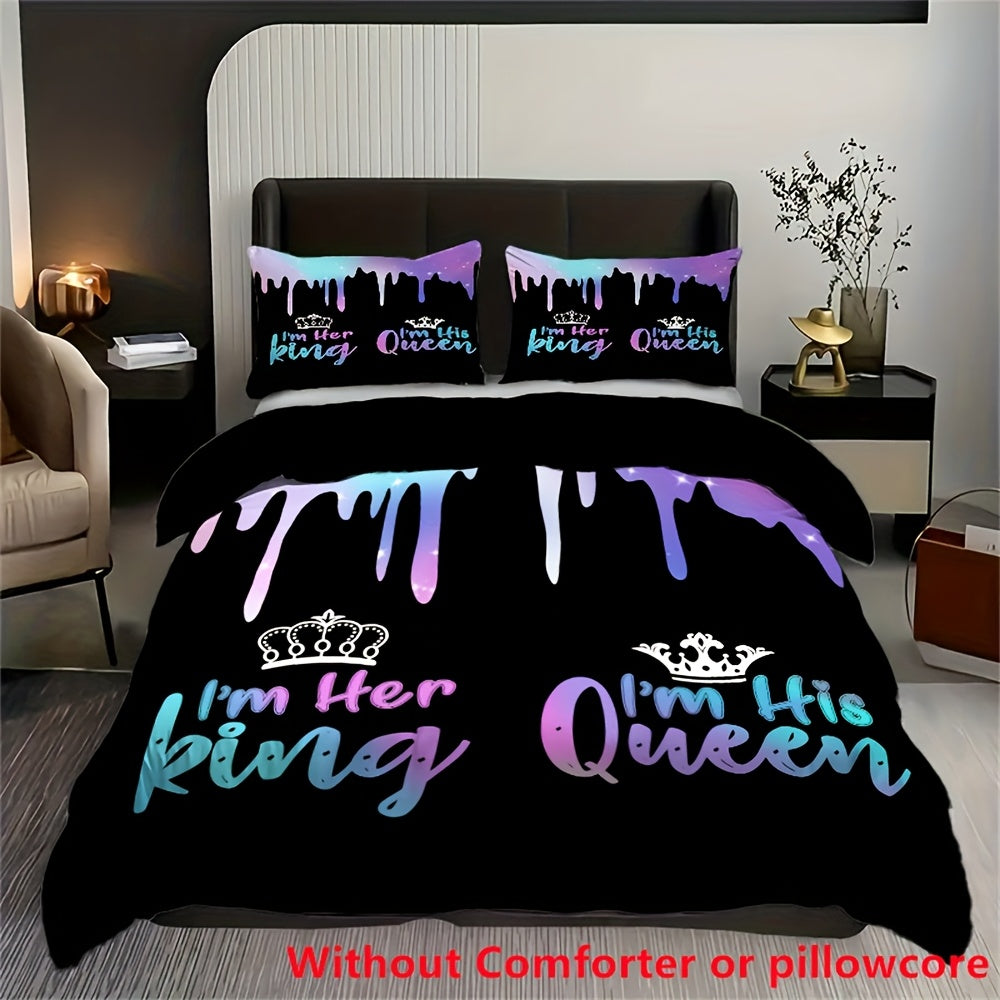 2/3pcs Crown King & Queen Letter Print Duvet Cover Set (1 Duvet Cover + 1/2 Pillowcase, Without Core), Soft Comfortable Couple Bedding Set for All Season, for Bedroom, Dorm, Guest Room Home Decor