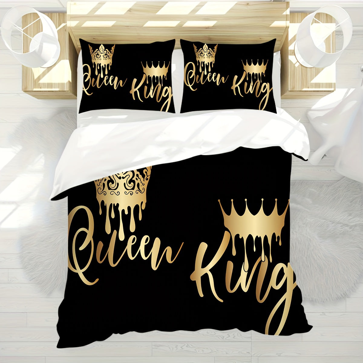 2/3pcs King Queen Letter Print Bedding Quilt Cover, Couple Bedding, Soft and Comfortable Bedding, with 1/2 Matching Pillowcases - Without Filling, Suitable for Bedroom, Guest Room, 1 Quilt Cover + 2 Pillowcases, No Core