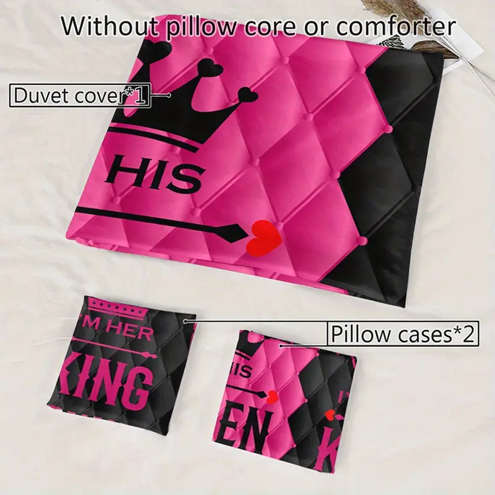 3pcs Couple'S King and Queen Print Duvet Cover Set with 1 Duvet Cover + 2 Pillowcases Without Pillows, Four Seasons Home Dorm High-Definition Romantic Love Crown Design, Pink Black Contrast, Exuding Sweetness and Elegance