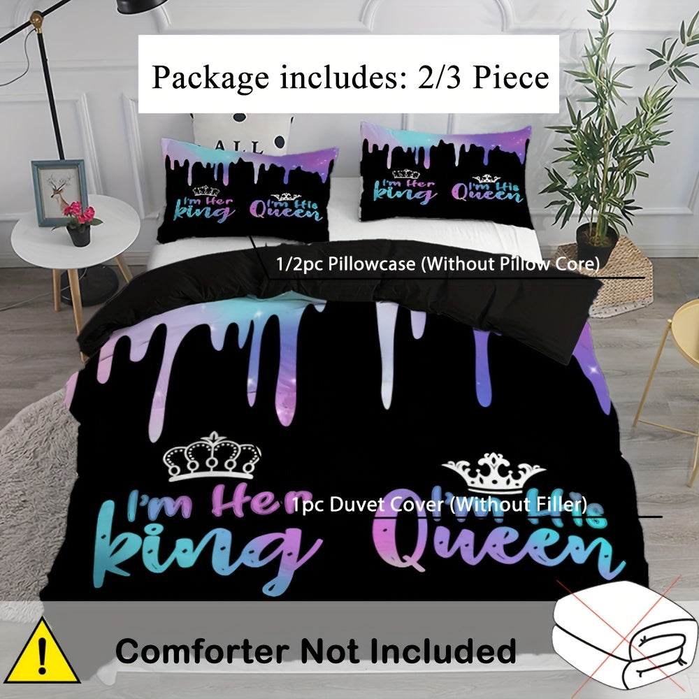 2/3pcs Crown King & Queen Letter Print Duvet Cover Set (1 Duvet Cover + 1/2 Pillowcase, Without Core), Soft Comfortable Couple Bedding Set for All Season, for Bedroom, Dorm, Guest Room Home Decor