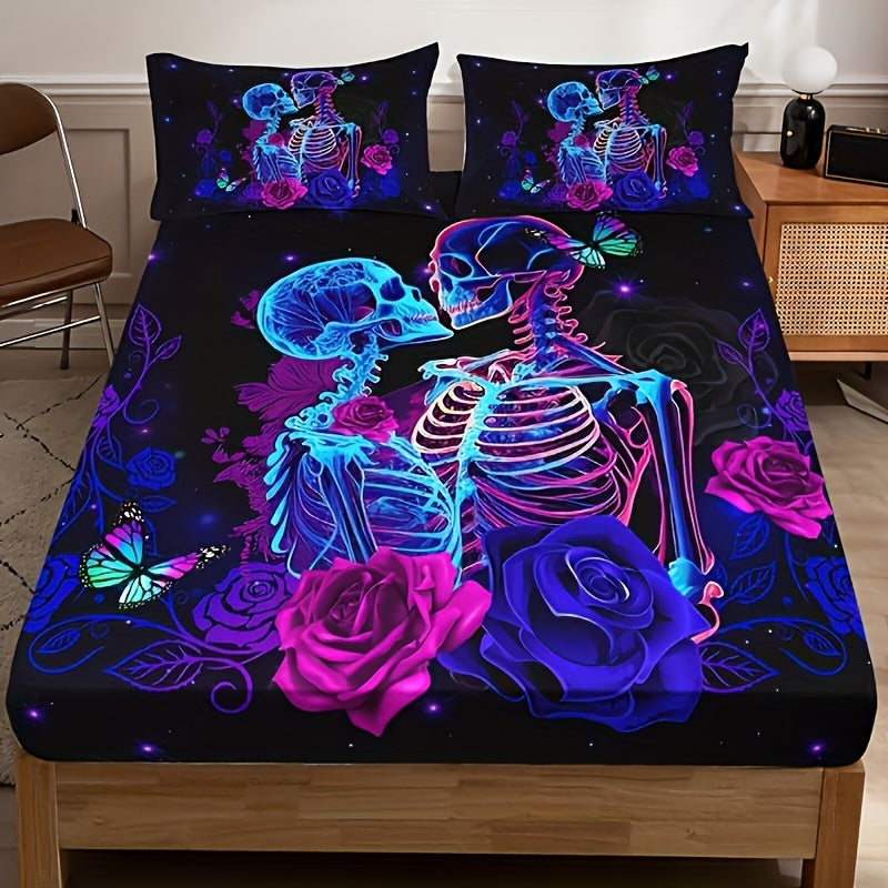 3pcs Fashion Romantic Fitted Sheet Set, Soft Comfortable Breathable Color Floral Skull Couple Print Bedding Mattress Protector Set, For Bedroom, Guest Room (1* Fitted Sheet + 2*Pillowcases, Without Core) For Halloween