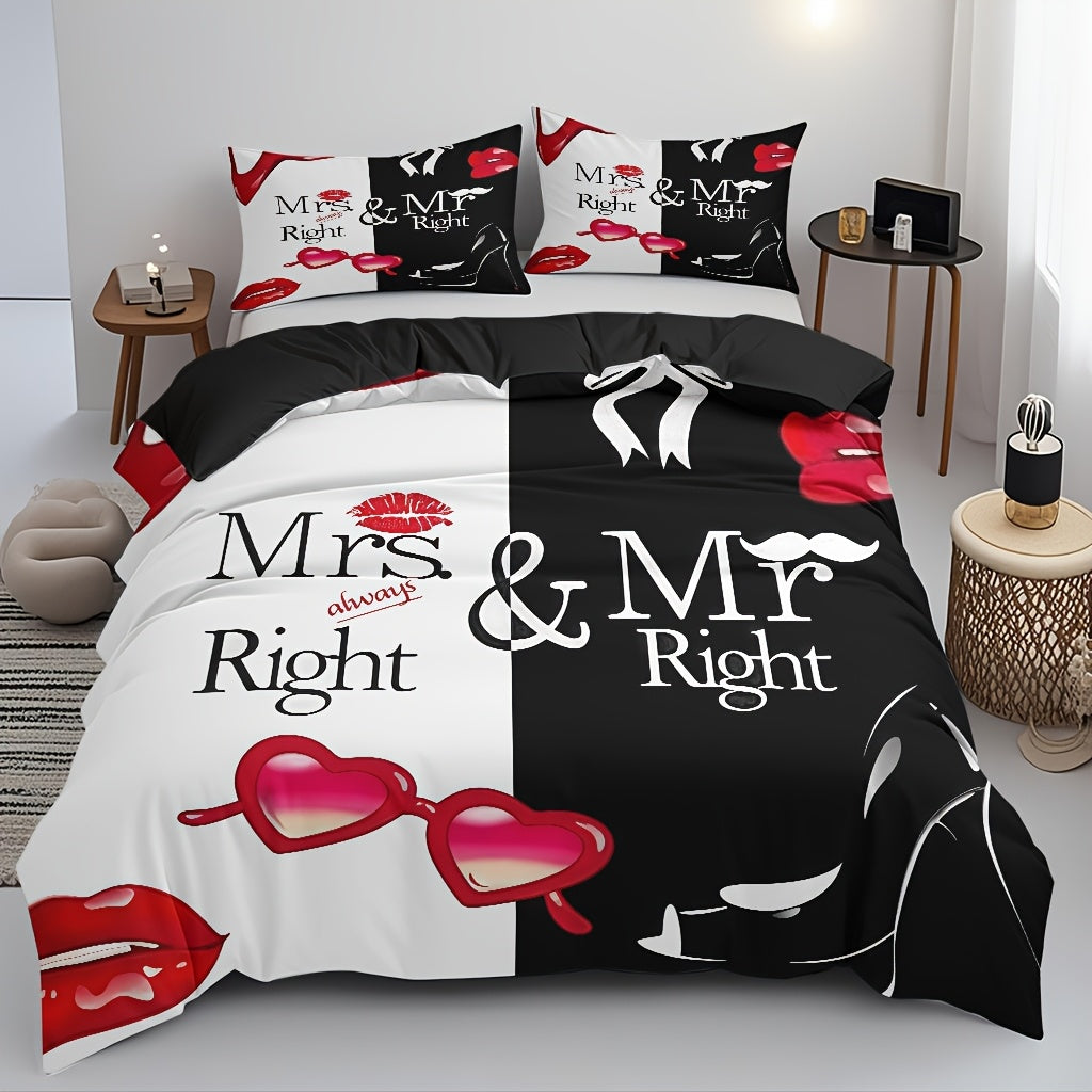 3pcs Comfortable Romantic Couple Themed Duvet Cover Set, Soft High-Definition Digital Print with Black And White Contrast, All-Season, Perfect Gift for Family And Friends, Machine Washable (1 Duvet Cover + 2 Pillowcases, No Filling)