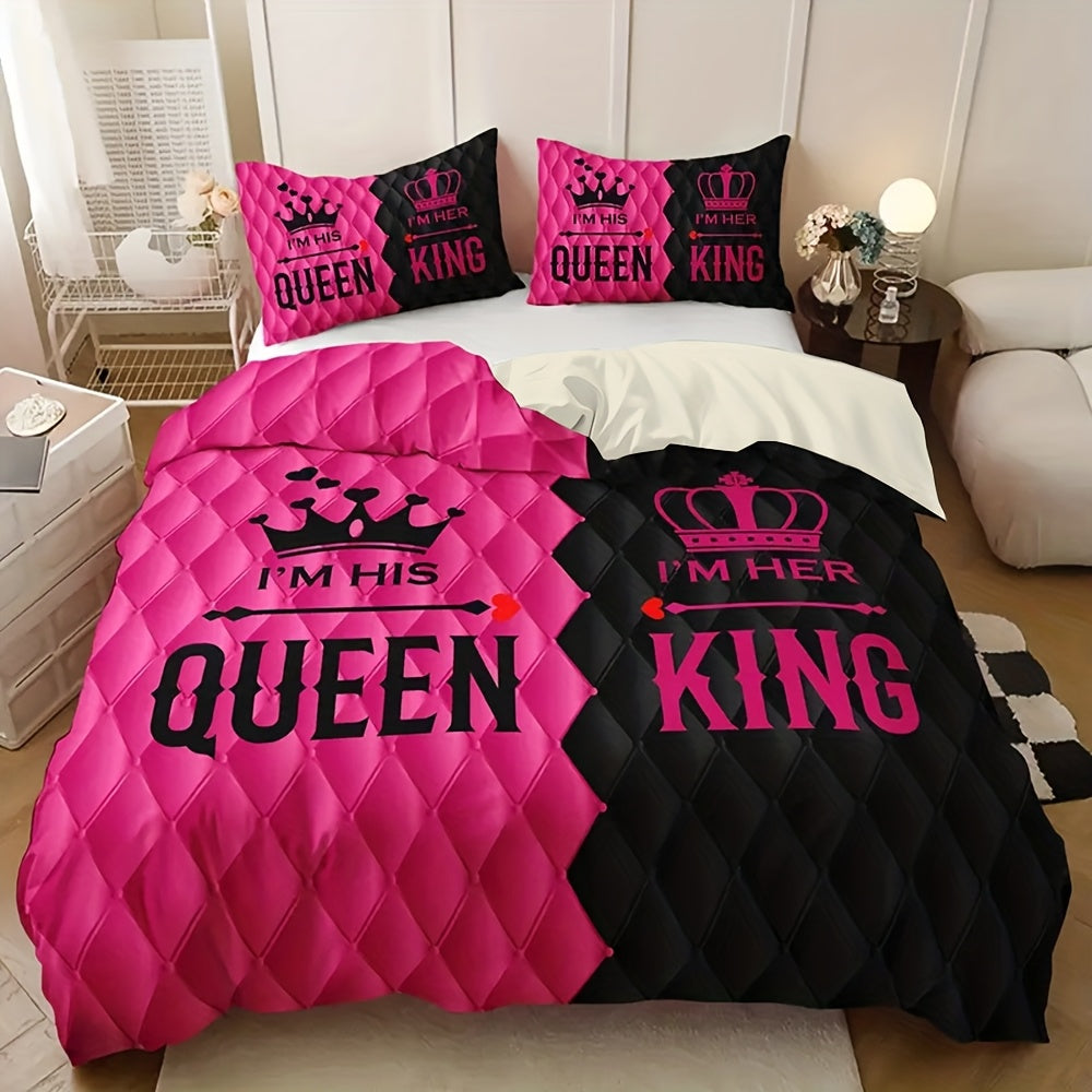 3pcs Couple'S King and Queen Print Duvet Cover Set with 1 Duvet Cover + 2 Pillowcases Without Pillows, Four Seasons Home Dorm High-Definition Romantic Love Crown Design, Pink Black Contrast, Exuding Sweetness and Elegance