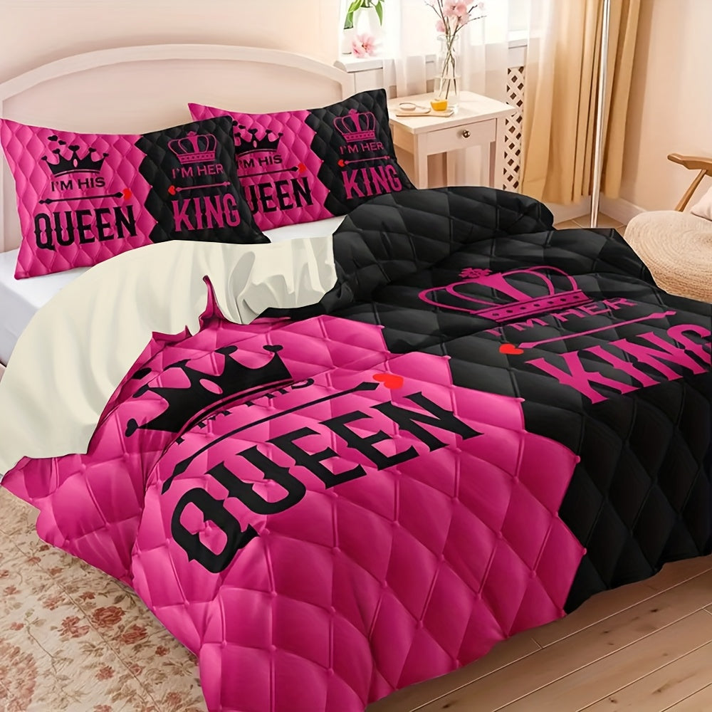 3pcs Couple'S King and Queen Print Duvet Cover Set with 1 Duvet Cover + 2 Pillowcases Without Pillows, Four Seasons Home Dorm High-Definition Romantic Love Crown Design, Pink Black Contrast, Exuding Sweetness and Elegance