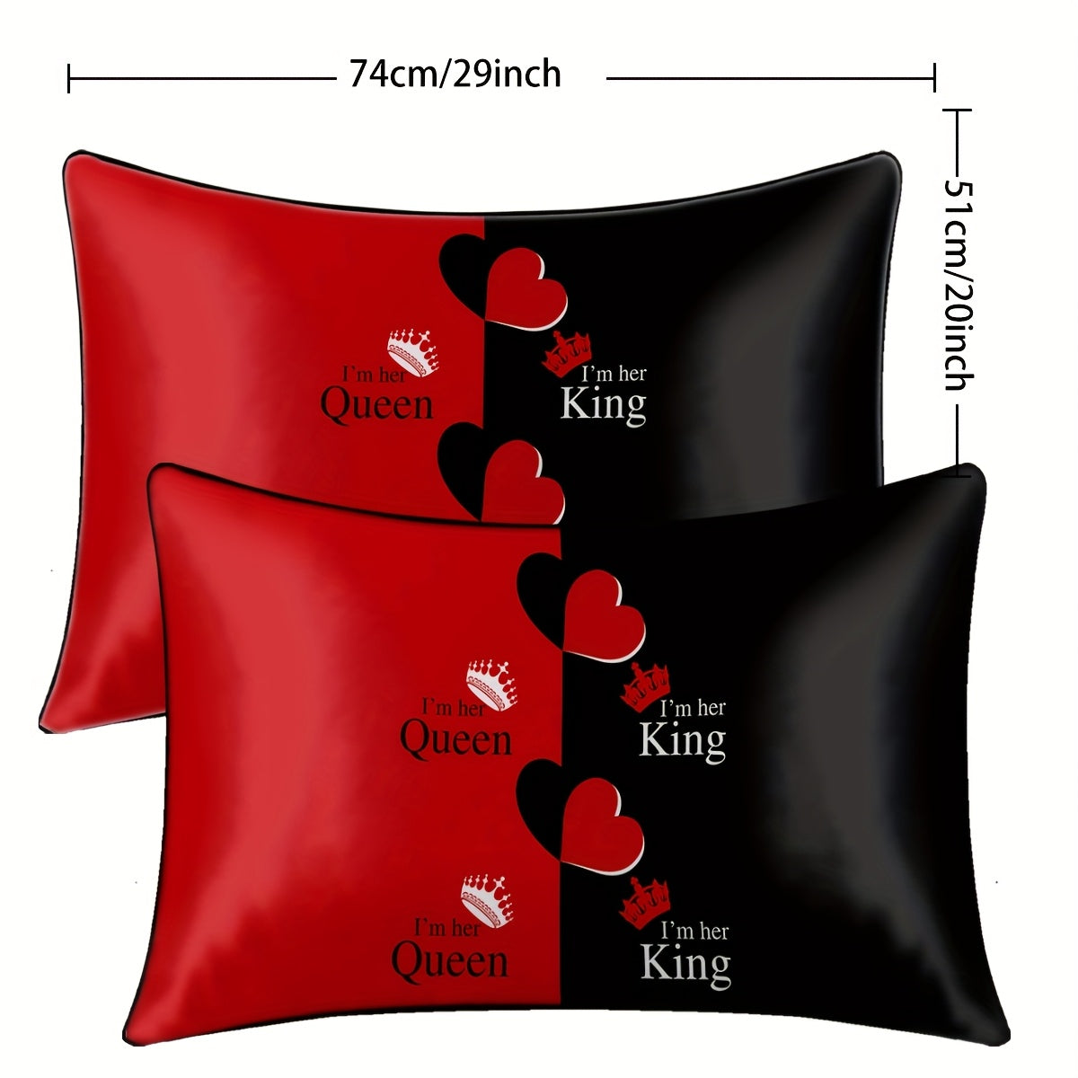 2pcs Black & Red Satin Pillowcases with Crown & Heart Print, "I'm Her Queen/King" Text - 100% Polyester Envelope Closure Bedroom Decor, Machine Washable All-Season Luxury Pillow Covers, Stylish Bedding Accent, Regal Design, Satin Finish, Smooth Texture,