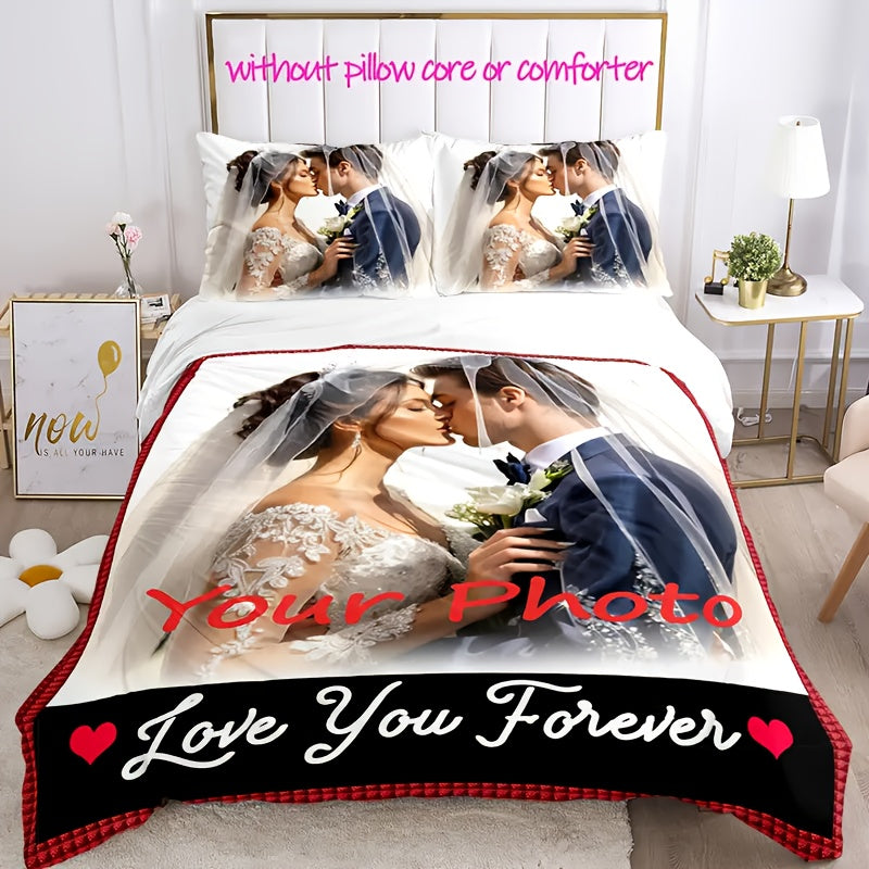 3pcs Customizable Photo Any Picture Can Be Customized Bedding Set, Soft and Comfortable, Spiritual Home Decoration, Holiday Decoration, Tear-Resistant Polyester, Including 1 Quilt Cover and 2 Pillowcases, Machine Washable, Four Seasons Quilt Set Does Not