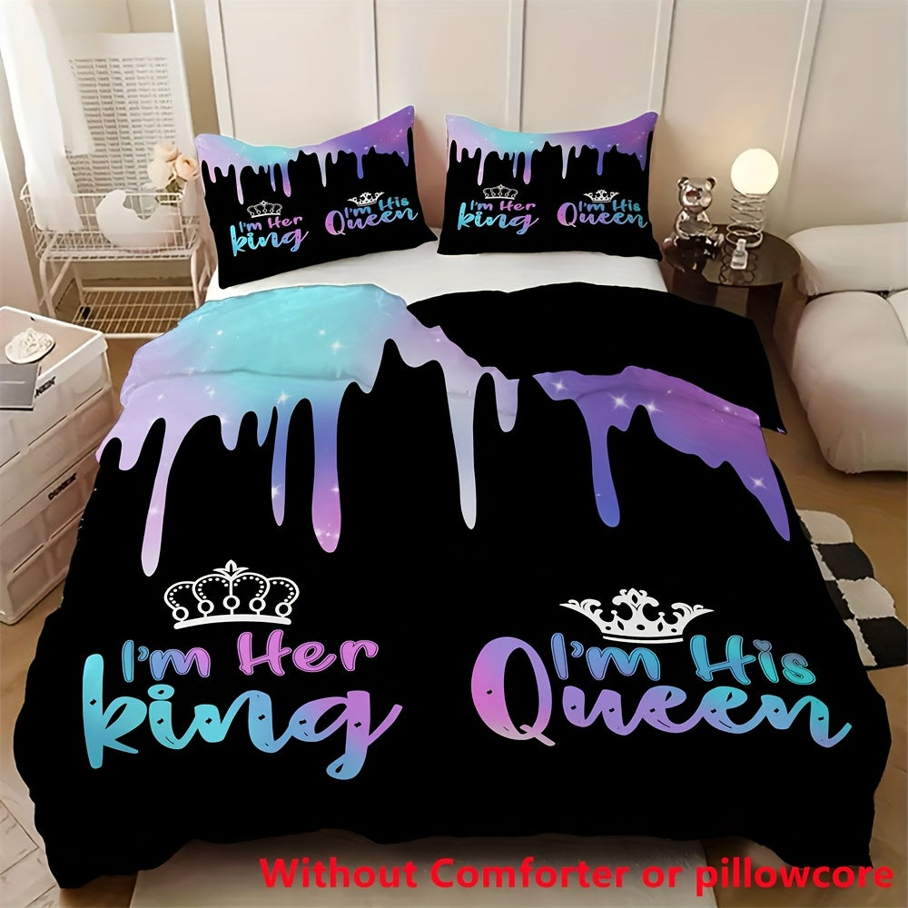 2/3pcs Crown King & Queen Letter Print Duvet Cover Set (1 Duvet Cover + 1/2 Pillowcase, Without Core), Soft Comfortable Couple Bedding Set for All Season, for Bedroom, Dorm, Guest Room Home Decor