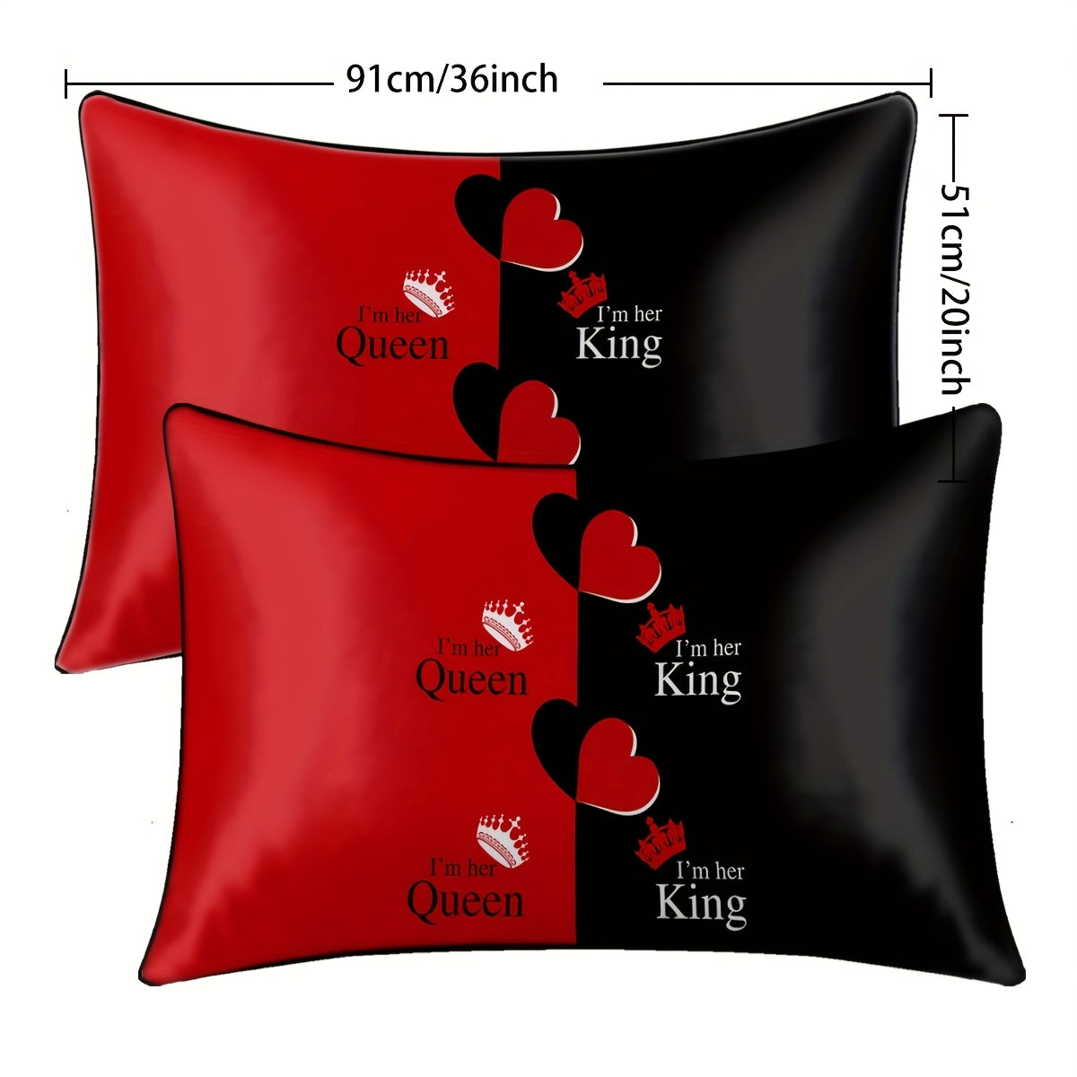 2pcs Black & Red Satin Pillowcases with Crown & Heart Print, "I'm Her Queen/King" Text - 100% Polyester Envelope Closure Bedroom Decor, Machine Washable All-Season Luxury Pillow Covers, Stylish Bedding Accent, Regal Design, Satin Finish, Smooth Texture,