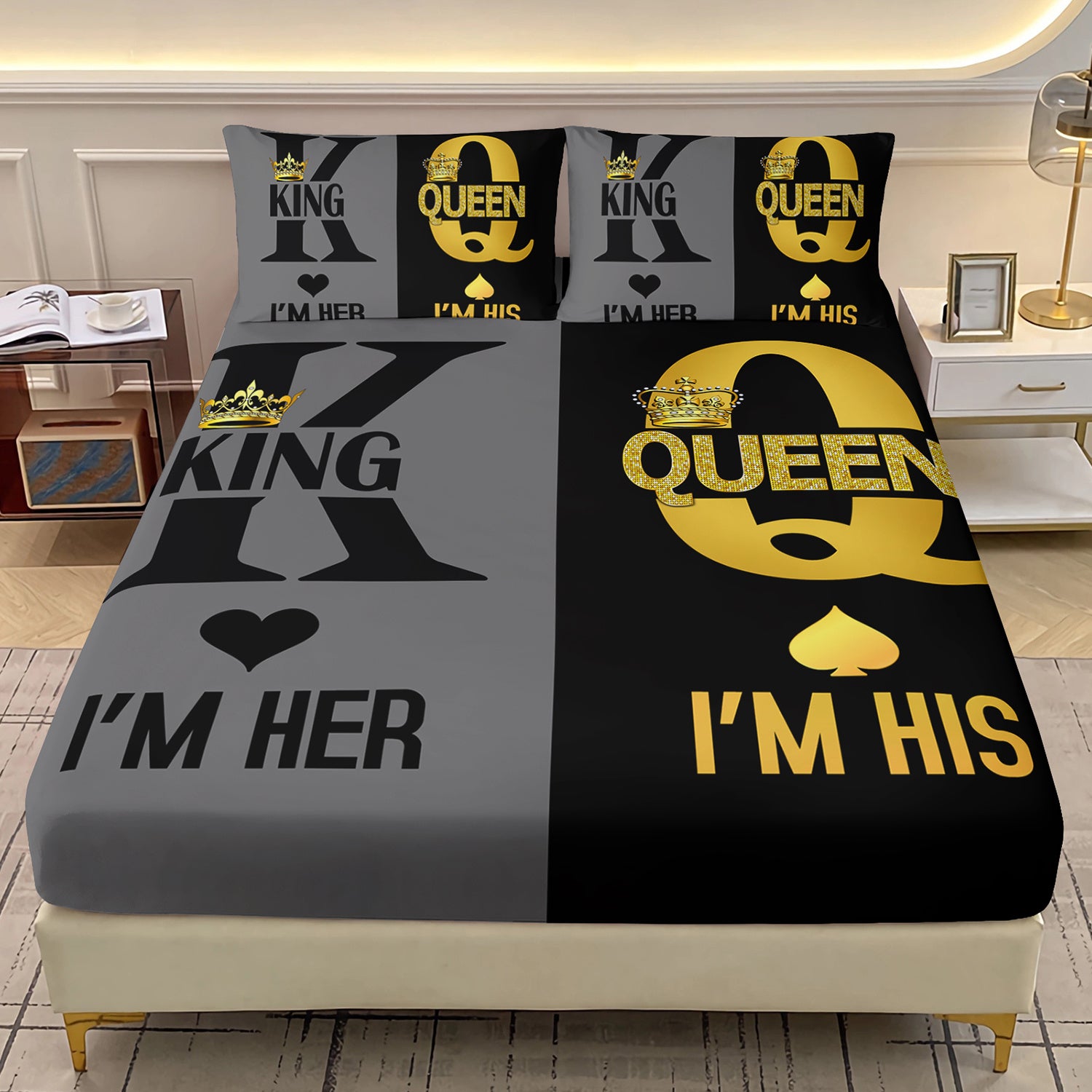 3pcs King Queen Couple Printed Bed Fitted Sheet Set for BedroomDormitory and Guest Room DecorationKing and Queen Pattern Bedding Set1 Fitted Sheet+2 Pillowcases without core