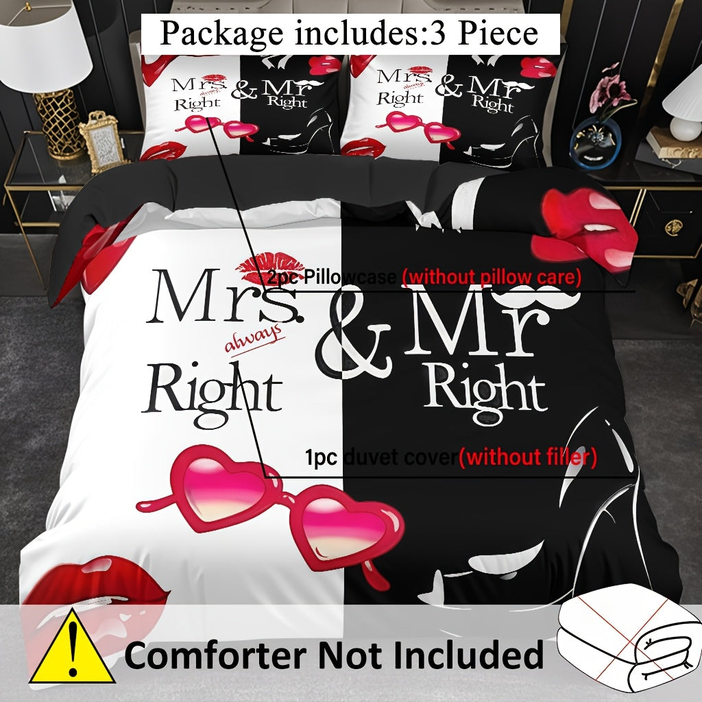 3pcs Comfortable Romantic Couple Themed Duvet Cover Set, Soft High-Definition Digital Print with Black And White Contrast, All-Season, Perfect Gift for Family And Friends, Machine Washable (1 Duvet Cover + 2 Pillowcases, No Filling)