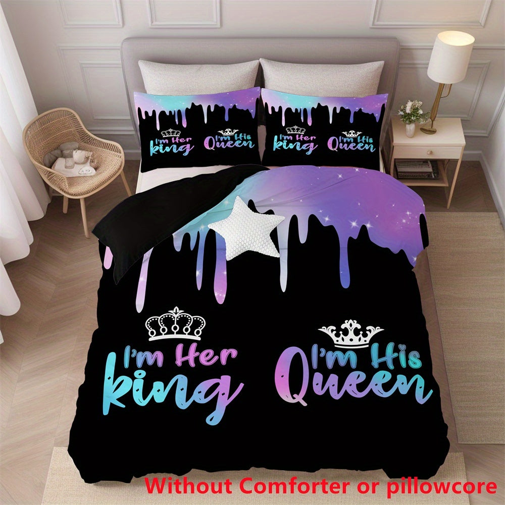 2/3pcs Crown King & Queen Letter Print Duvet Cover Set (1 Duvet Cover + 1/2 Pillowcase, Without Core), Soft Comfortable Couple Bedding Set for All Season, for Bedroom, Dorm, Guest Room Home Decor