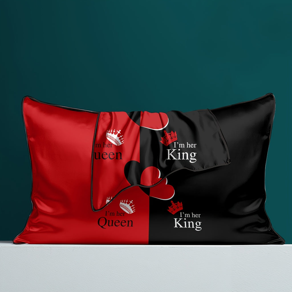 2pcs Black & Red Satin Pillowcases with Crown & Heart Print, "I'm Her Queen/King" Text - 100% Polyester Envelope Closure Bedroom Decor, Machine Washable All-Season Luxury Pillow Covers, Stylish Bedding Accent, Regal Design, Satin Finish, Smooth Texture,
