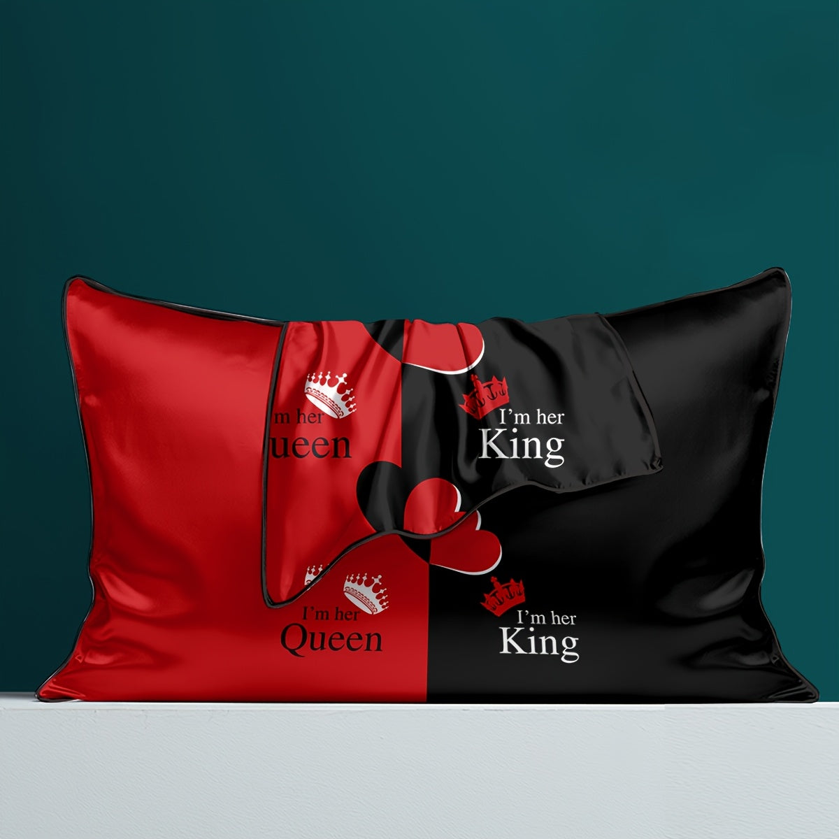 2pcs Black & Red Satin Pillowcases with Crown & Heart Print, "I'm Her Queen/King" Text - 100% Polyester Envelope Closure Bedroom Decor, Machine Washable All-Season Luxury Pillow Covers, Stylish Bedding Accent, Regal Design, Satin Finish, Smooth Texture,
