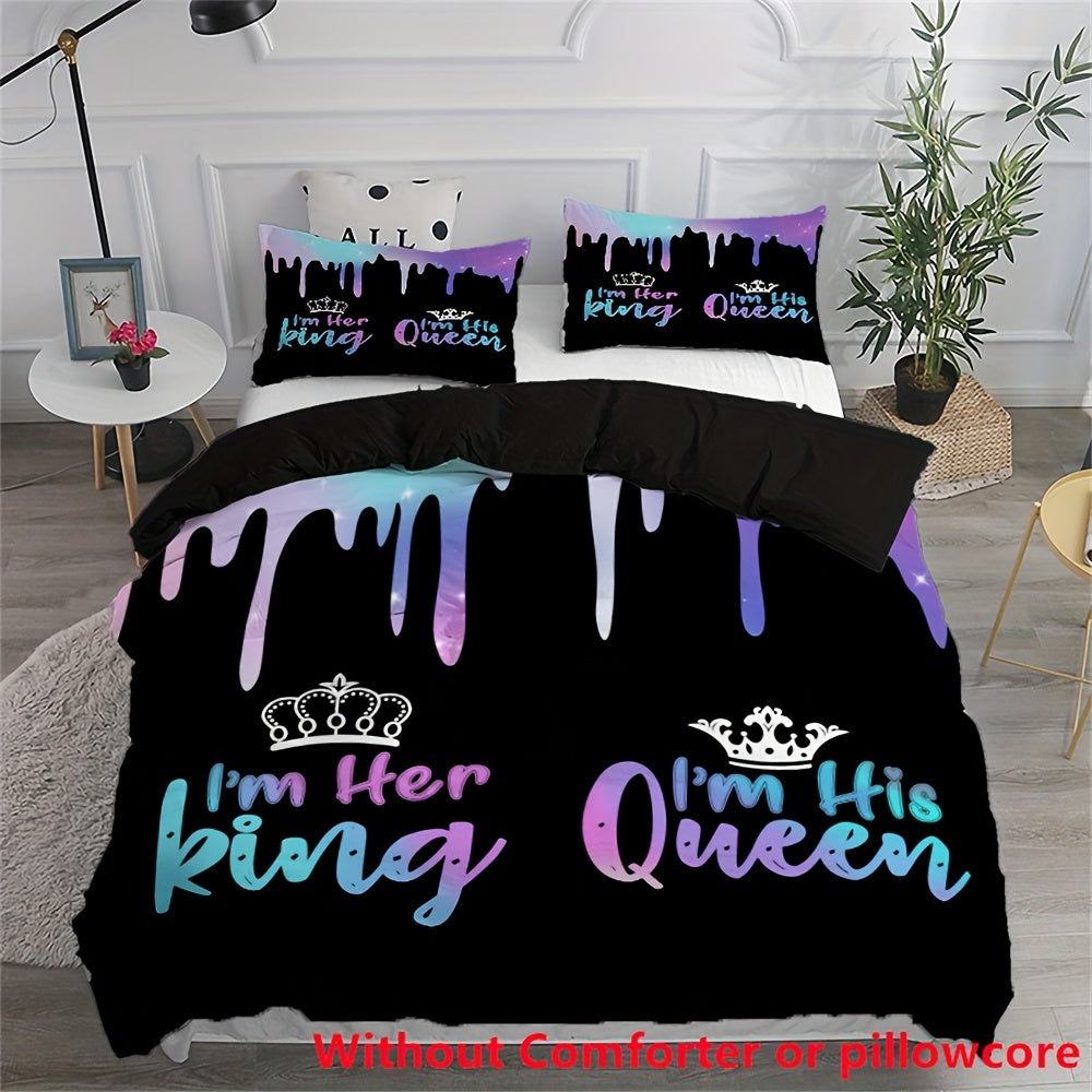 2/3pcs Crown King & Queen Letter Print Duvet Cover Set (1 Duvet Cover + 1/2 Pillowcase, Without Core), Soft Comfortable Couple Bedding Set for All Season, for Bedroom, Dorm, Guest Room Home Decor
