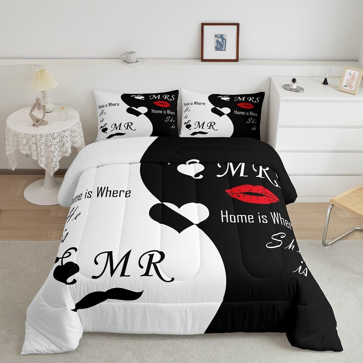 2/3pcs Valentine's Day Bedding Set, His and Hers Comforter Set for Women Men, Black White Comforter, Romantic Lover Quilt Set, with 1/2 Pillowcases, Room Decor, All Season Soft Warm, Festival Birthday Gifts Decoration Ornaments