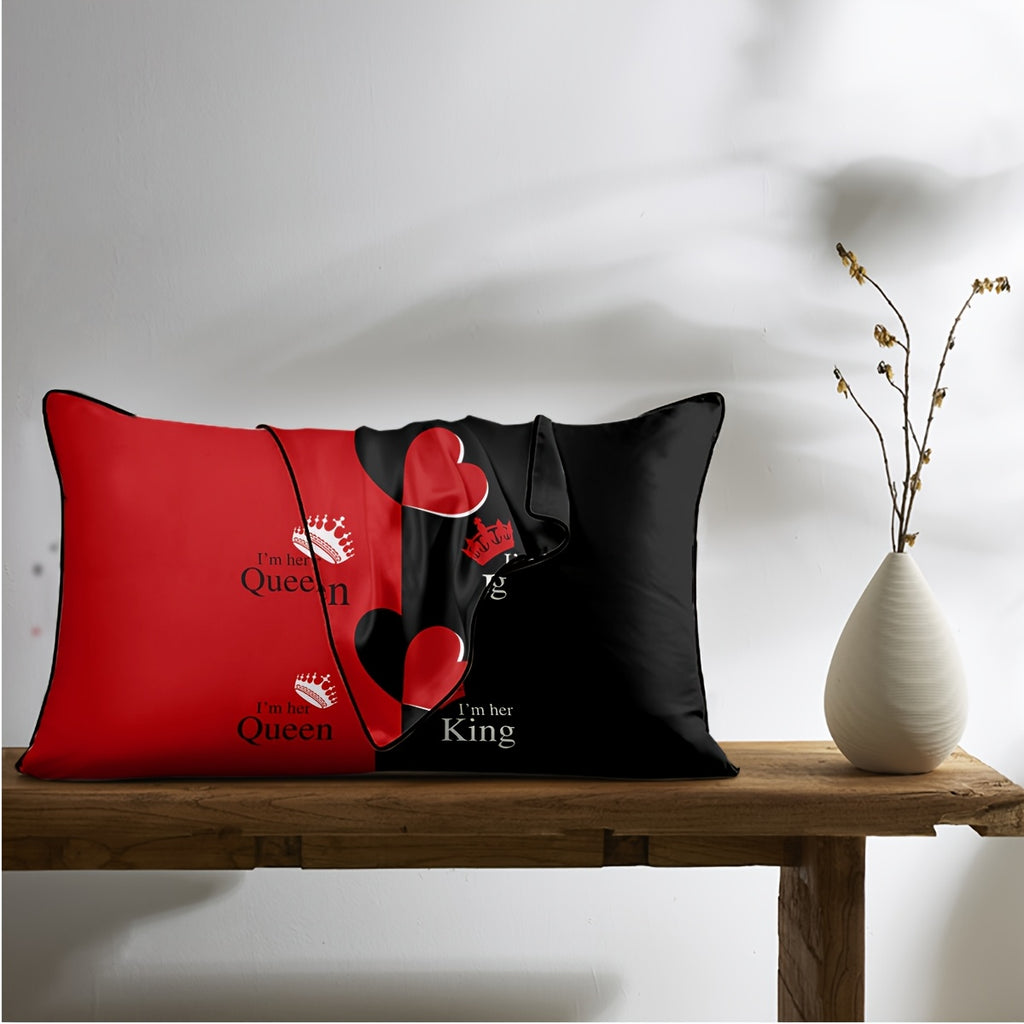 2pcs Black & Red Satin Pillowcases with Crown & Heart Print, "I'm Her Queen/King" Text - 100% Polyester Envelope Closure Bedroom Decor, Machine Washable All-Season Luxury Pillow Covers, Stylish Bedding Accent, Regal Design, Satin Finish, Smooth Texture,