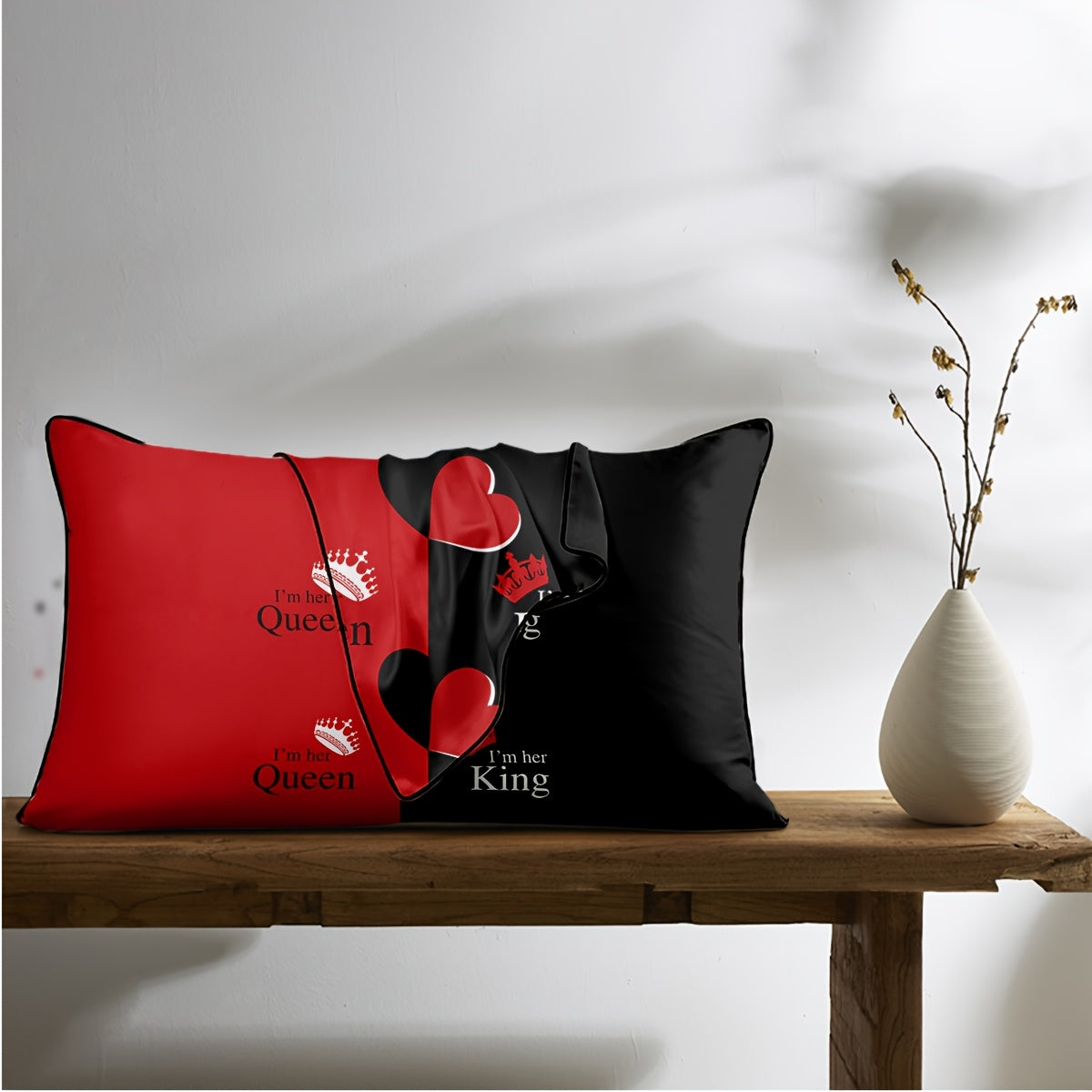 2pcs Black & Red Satin Pillowcases with Crown & Heart Print, "I'm Her Queen/King" Text - 100% Polyester Envelope Closure Bedroom Decor, Machine Washable All-Season Luxury Pillow Covers, Stylish Bedding Accent, Regal Design, Satin Finish, Smooth Texture,