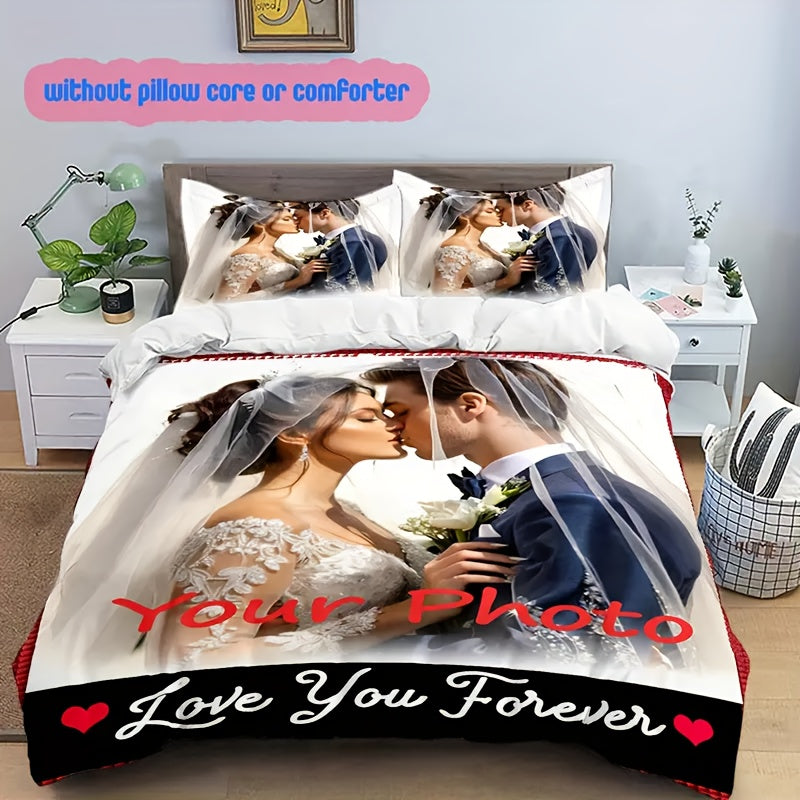 3pcs Customizable Photo Any Picture Can Be Customized Bedding Set, Soft and Comfortable, Spiritual Home Decoration, Holiday Decoration, Tear-Resistant Polyester, Including 1 Quilt Cover and 2 Pillowcases, Machine Washable, Four Seasons Quilt Set Does Not