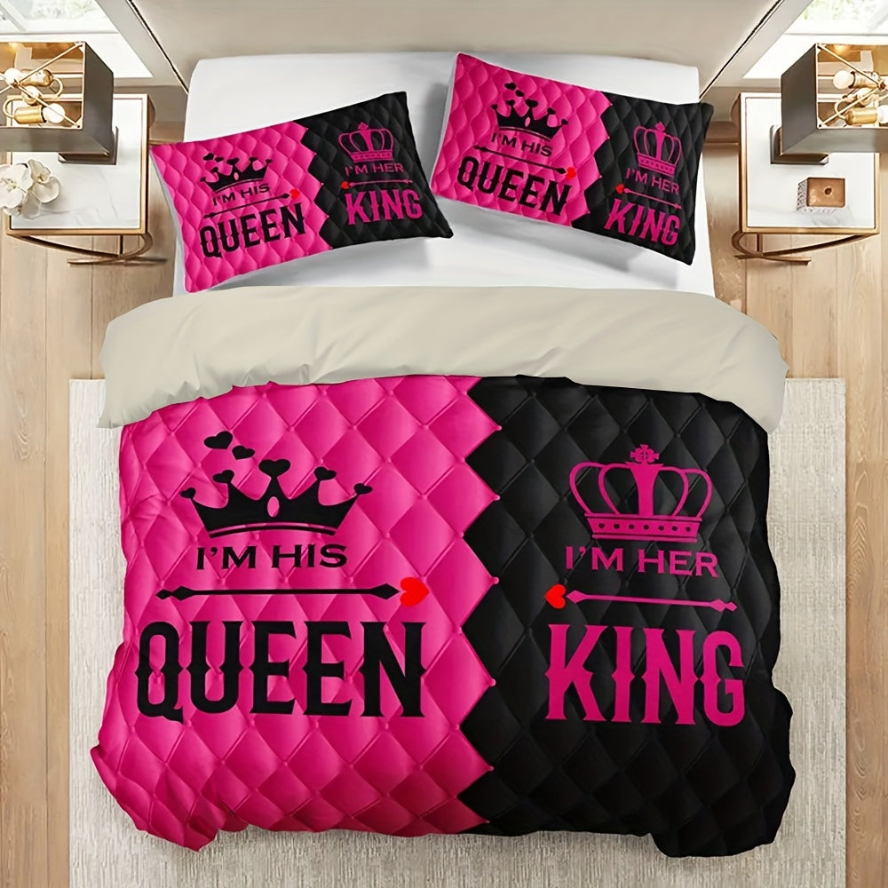 3pcs Couple'S King and Queen Print Duvet Cover Set with 1 Duvet Cover + 2 Pillowcases Without Pillows, Four Seasons Home Dorm High-Definition Romantic Love Crown Design, Pink Black Contrast, Exuding Sweetness and Elegance