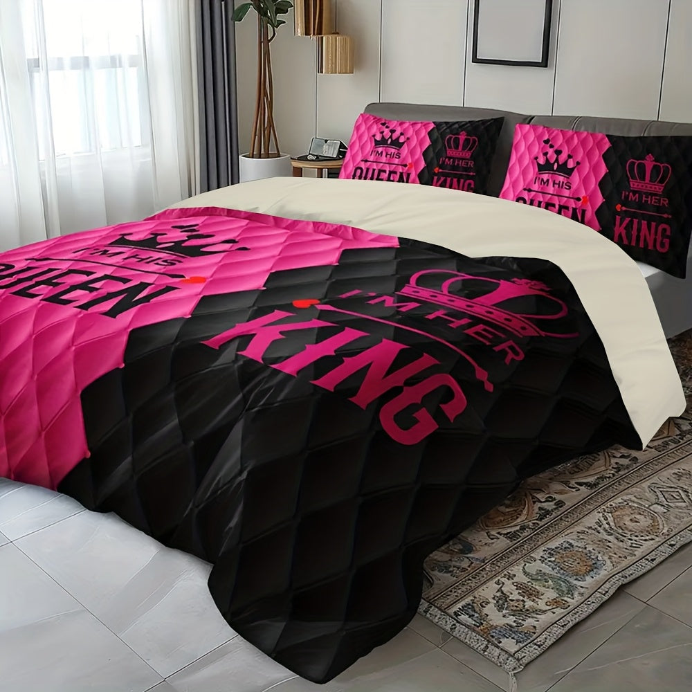3pcs Couple'S King and Queen Print Duvet Cover Set with 1 Duvet Cover + 2 Pillowcases Without Pillows, Four Seasons Home Dorm High-Definition Romantic Love Crown Design, Pink Black Contrast, Exuding Sweetness and Elegance