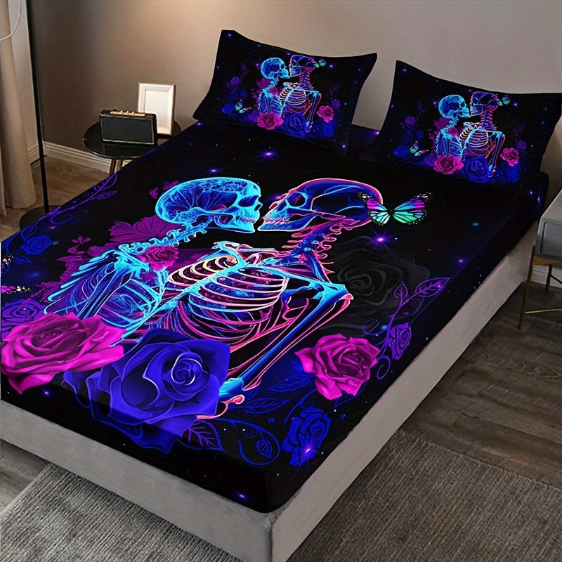 3pcs Fashion Romantic Fitted Sheet Set, Soft Comfortable Breathable Color Floral Skull Couple Print Bedding Mattress Protector Set, For Bedroom, Guest Room (1* Fitted Sheet + 2*Pillowcases, Without Core) For Halloween