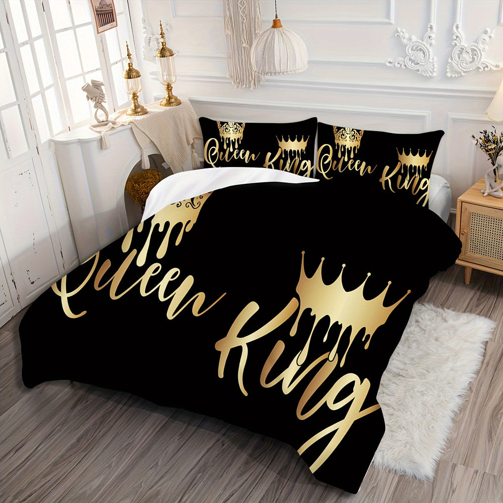 2/3pcs King Queen Letter Print Bedding Quilt Cover, Couple Bedding, Soft and Comfortable Bedding, with 1/2 Matching Pillowcases - Without Filling, Suitable for Bedroom, Guest Room, 1 Quilt Cover + 2 Pillowcases, No Core