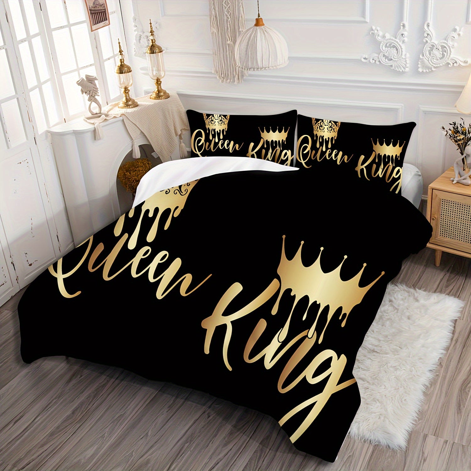 2/3pcs King Queen Letter Print Bedding Quilt Cover, Couple Bedding, Soft and Comfortable Bedding, with 1/2 Matching Pillowcases - Without Filling, Suitable for Bedroom, Guest Room, 1 Quilt Cover + 2 Pillowcases, No Core