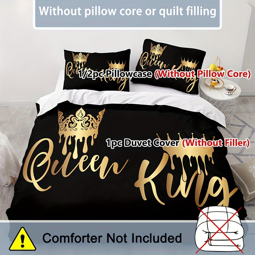2/3pcs King Queen Letter Print Bedding Quilt Cover, Couple Bedding, Soft and Comfortable Bedding, with 1/2 Matching Pillowcases - Without Filling, Suitable for Bedroom, Guest Room, 1 Quilt Cover + 2 Pillowcases, No Core