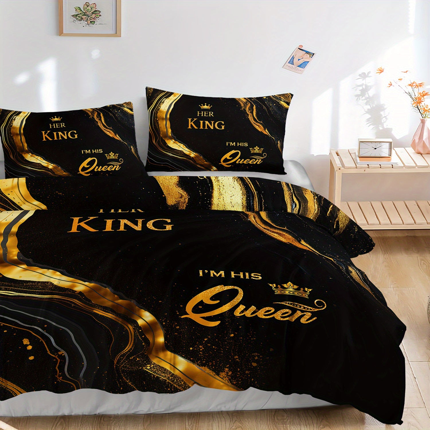 3pcs King Queen Couple 3D Digital Printed Duvet Cover Set Romantic Luxury Bedding Set for Four Season Black Golden Bedding for Bedroom or Guest Room Decor Polyester Comforter Cover Gift 1 Quilt Cover+2 Pillowcases