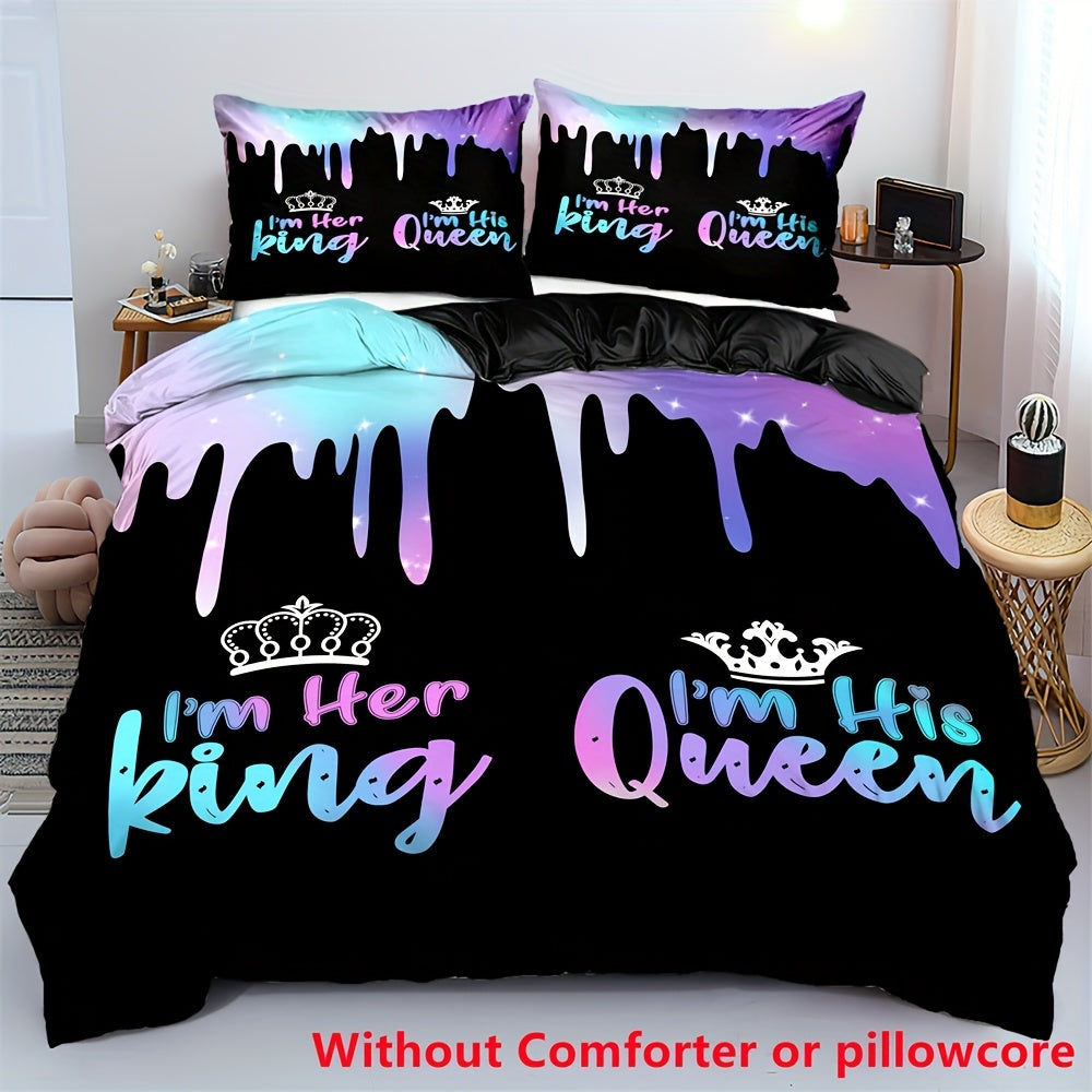 2/3pcs Crown King & Queen Letter Print Duvet Cover Set (1 Duvet Cover + 1/2 Pillowcase, Without Core), Soft Comfortable Couple Bedding Set for All Season, for Bedroom, Dorm, Guest Room Home Decor