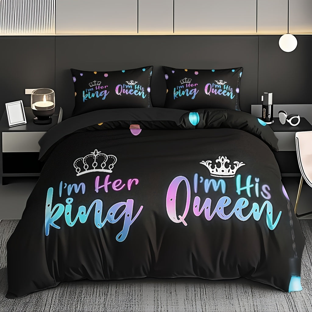3pcs Couple Duvet Cover Set, Soft High-Definition Digital Print, Black With Colorful Text, Breathable Polyester, Perfect Gift For All Seasons, Machine Washable (1 Duvet Cover + 2 Pillowcases, No Insert)