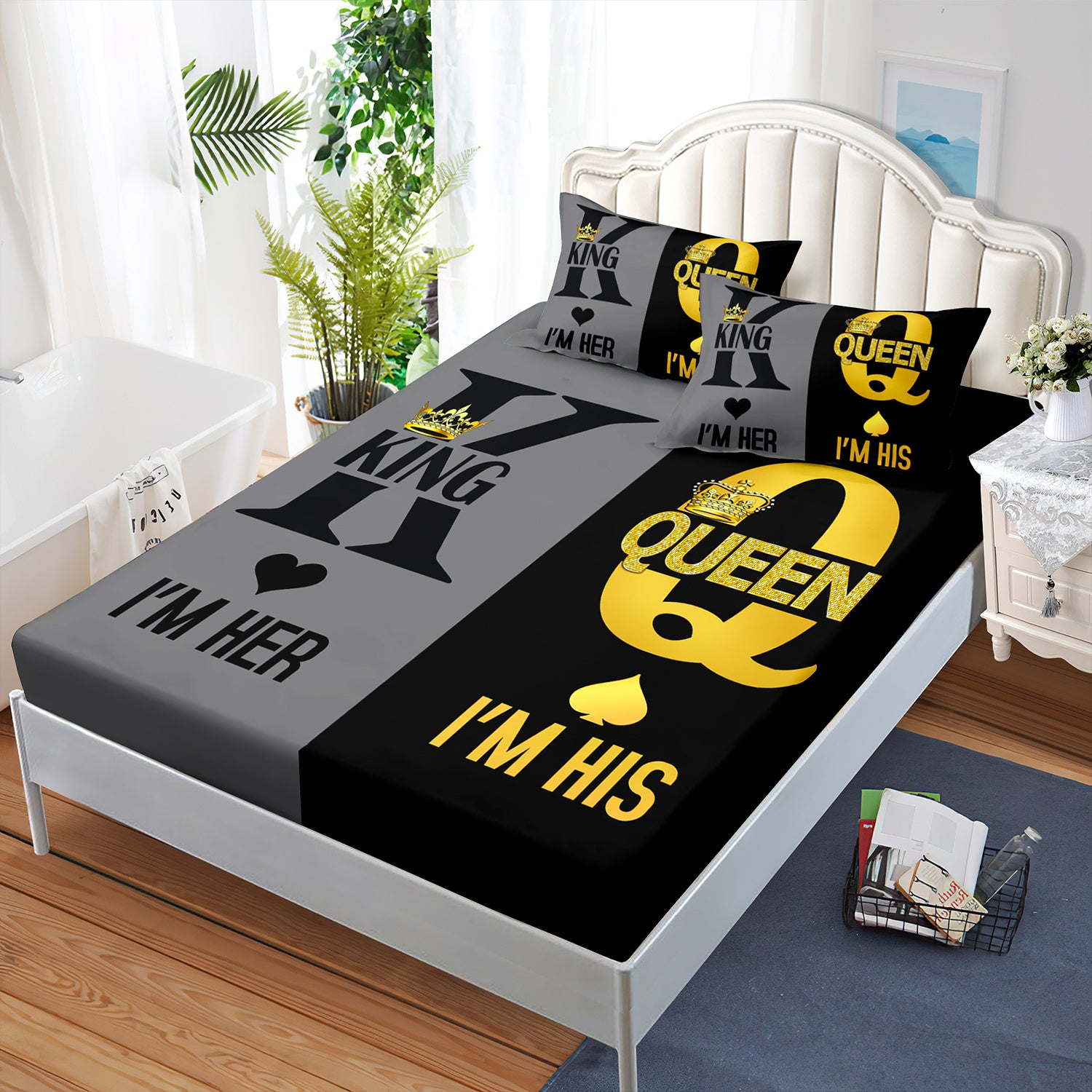 3pcs King Queen Couple Printed Bed Fitted Sheet Set for BedroomDormitory and Guest Room DecorationKing and Queen Pattern Bedding Set1 Fitted Sheet+2 Pillowcases without core
