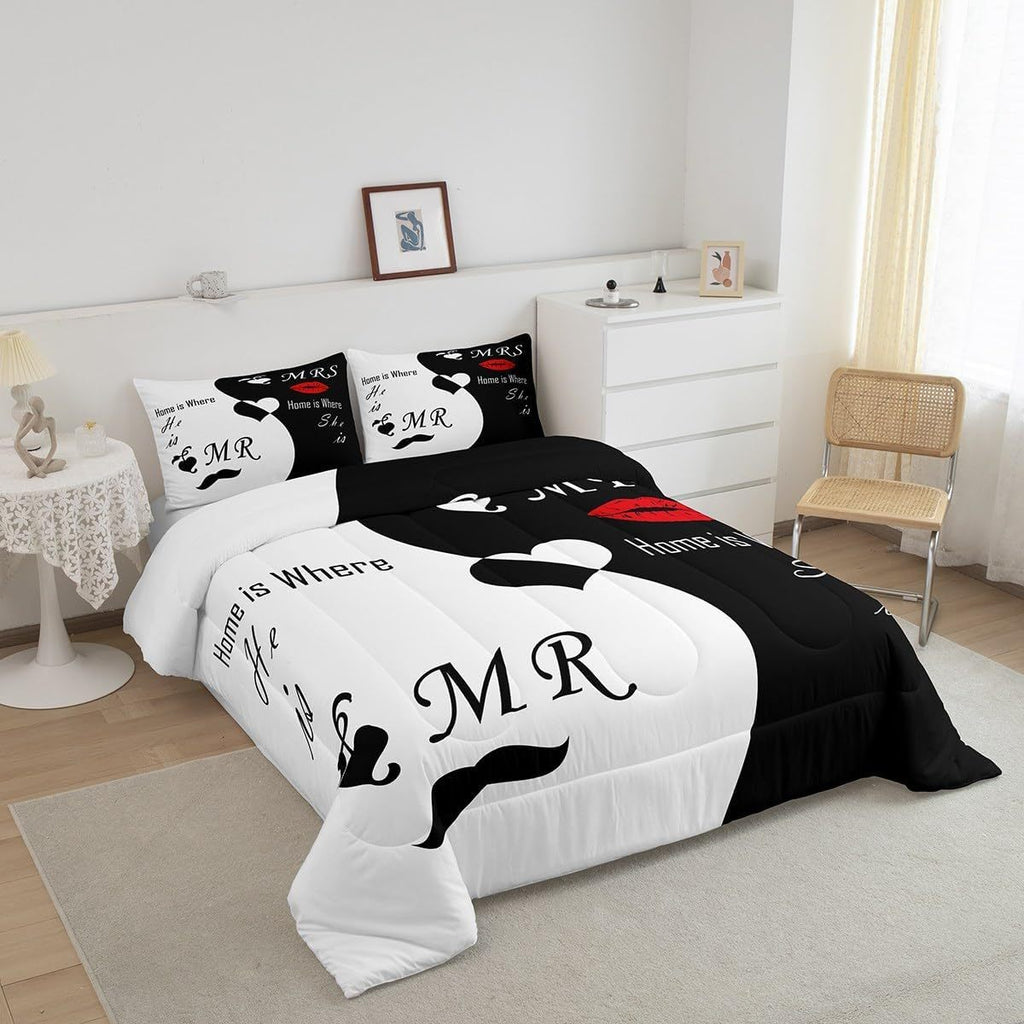 2/3pcs Valentine's Day Bedding Set, His and Hers Comforter Set for Women Men, Black White Comforter, Romantic Lover Quilt Set, with 1/2 Pillowcases, Room Decor, All Season Soft Warm, Festival Birthday Gifts Decoration Ornaments