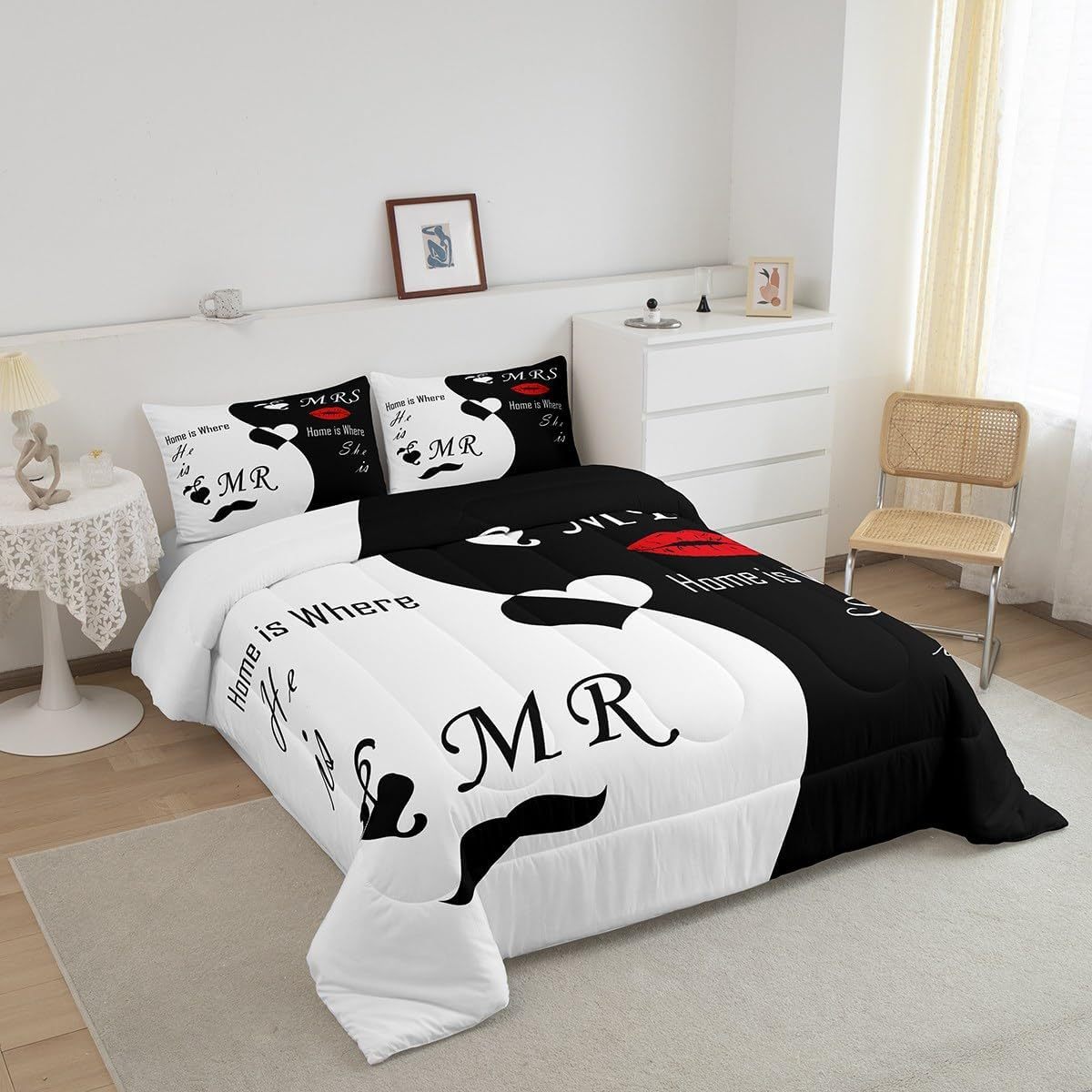 2/3pcs Valentine's Day Bedding Set, His and Hers Comforter Set for Women Men, Black White Comforter, Romantic Lover Quilt Set, with 1/2 Pillowcases, Room Decor, All Season Soft Warm, Festival Birthday Gifts Decoration Ornaments