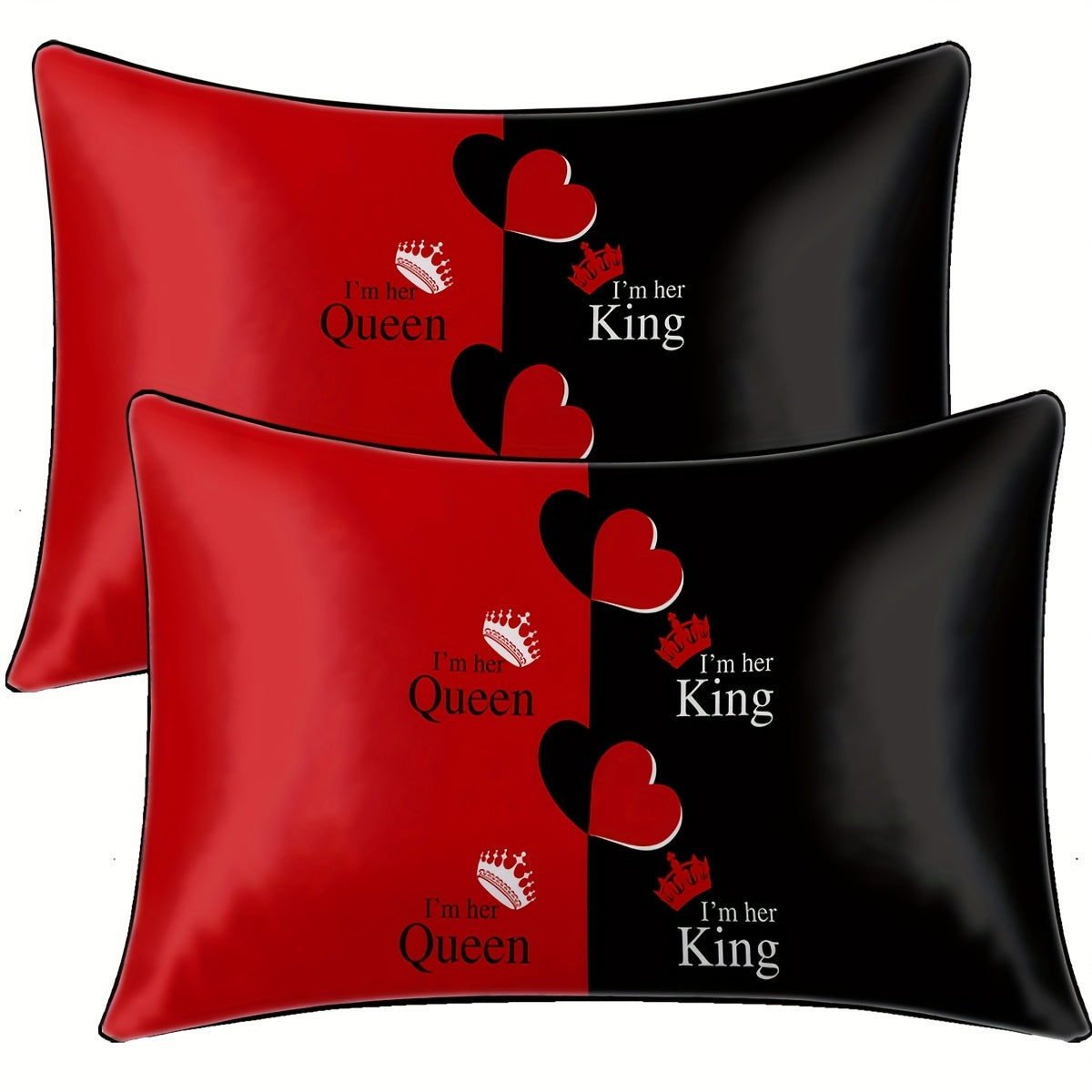 2pcs Black & Red Satin Pillowcases with Crown & Heart Print, "I'm Her Queen/King" Text - 100% Polyester Envelope Closure Bedroom Decor, Machine Washable All-Season Luxury Pillow Covers, Stylish Bedding Accent, Regal Design, Satin Finish, Smooth Texture,