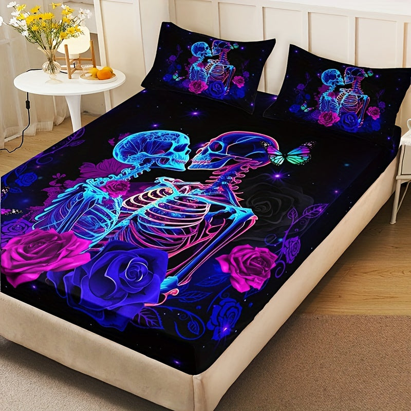 3pcs Fashion Romantic Fitted Sheet Set, Soft Comfortable Breathable Color Floral Skull Couple Print Bedding Mattress Protector Set, For Bedroom, Guest Room (1* Fitted Sheet + 2*Pillowcases, Without Core) For Halloween