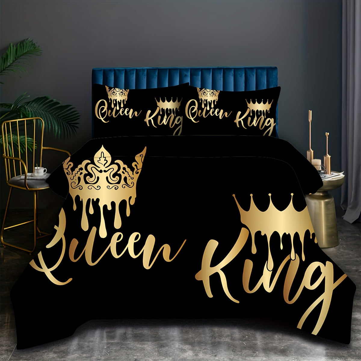 2/3pcs King Queen Letter Print Bedding Quilt Cover, Couple Bedding, Soft and Comfortable Bedding, with 1/2 Matching Pillowcases - Without Filling, Suitable for Bedroom, Guest Room, 1 Quilt Cover + 2 Pillowcases, No Core