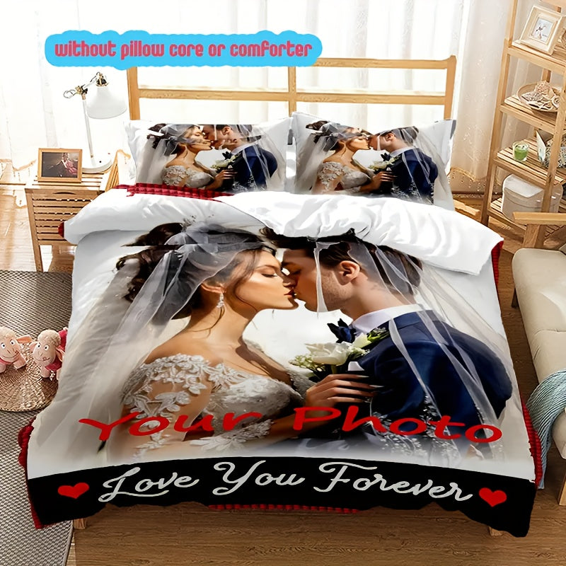 3pcs Customizable Photo Any Picture Can Be Customized Bedding Set, Soft and Comfortable, Spiritual Home Decoration, Holiday Decoration, Tear-Resistant Polyester, Including 1 Quilt Cover and 2 Pillowcases, Machine Washable, Four Seasons Quilt Set Does Not