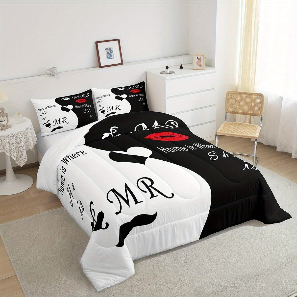 2/3pcs Valentine's Day Bedding Set, His and Hers Comforter Set for Women Men, Black White Comforter, Romantic Lover Quilt Set, with 1/2 Pillowcases, Room Decor, All Season Soft Warm, Festival Birthday Gifts Decoration Ornaments