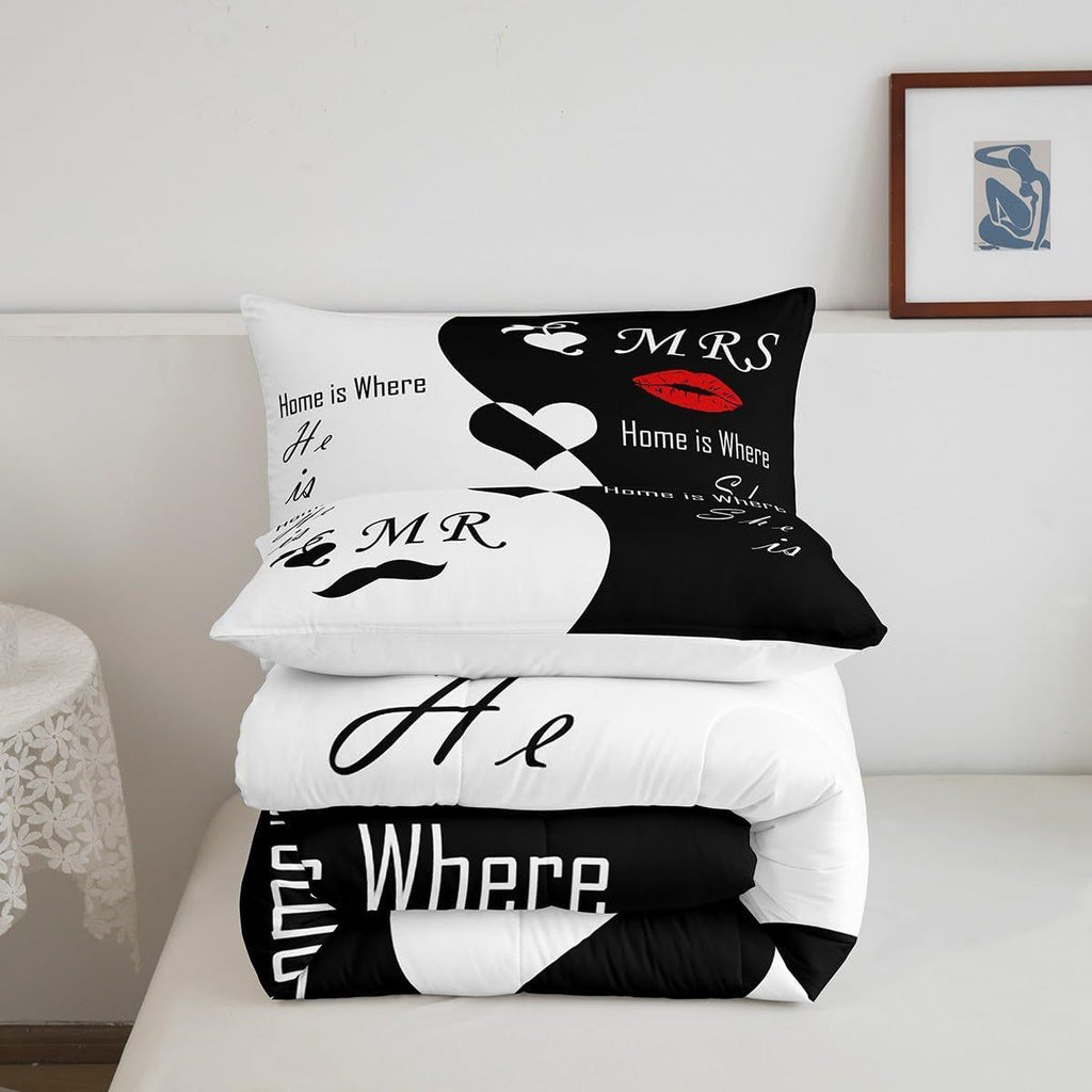2/3pcs Valentine's Day Bedding Set, His and Hers Comforter Set for Women Men, Black White Comforter, Romantic Lover Quilt Set, with 1/2 Pillowcases, Room Decor, All Season Soft Warm, Festival Birthday Gifts Decoration Ornaments