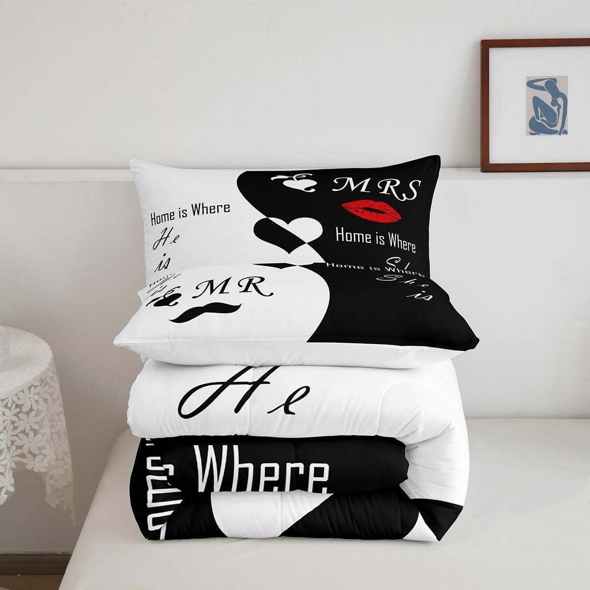 2/3pcs Valentine's Day Bedding Set, His and Hers Comforter Set for Women Men, Black White Comforter, Romantic Lover Quilt Set, with 1/2 Pillowcases, Room Decor, All Season Soft Warm, Festival Birthday Gifts Decoration Ornaments