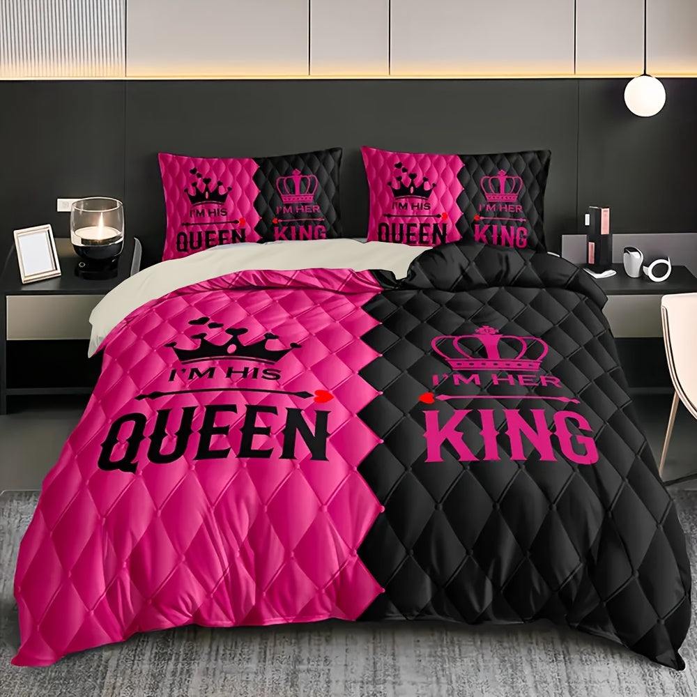 3pcs Couple'S King and Queen Print Duvet Cover Set with 1 Duvet Cover + 2 Pillowcases Without Pillows, Four Seasons Home Dorm High-Definition Romantic Love Crown Design, Pink Black Contrast, Exuding Sweetness and Elegance