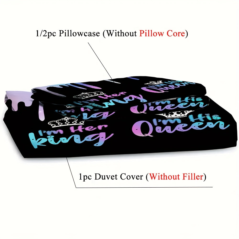 2/3pcs Crown King & Queen Letter Print Duvet Cover Set (1 Duvet Cover + 1/2 Pillowcase, Without Core), Soft Comfortable Couple Bedding Set for All Season, for Bedroom, Dorm, Guest Room Home Decor