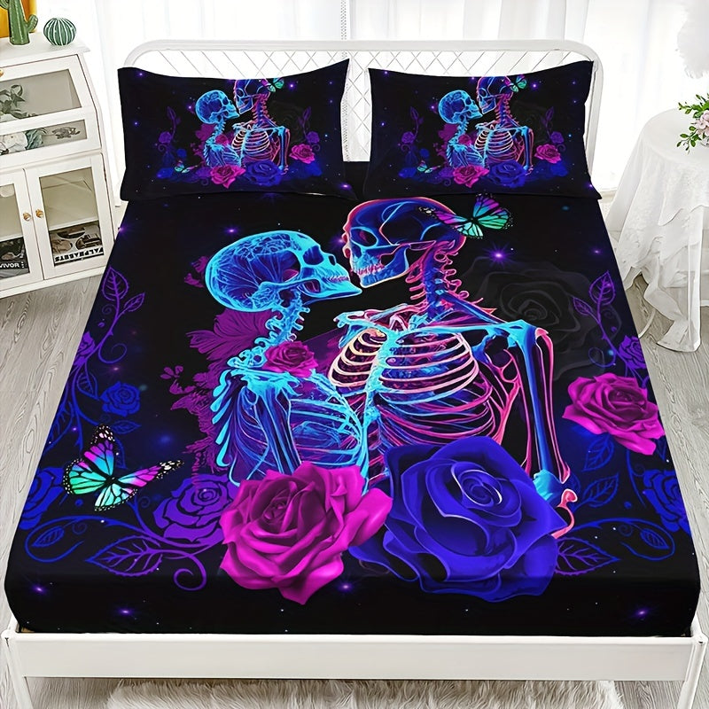 3pcs Fashion Romantic Fitted Sheet Set, Soft Comfortable Breathable Color Floral Skull Couple Print Bedding Mattress Protector Set, For Bedroom, Guest Room (1* Fitted Sheet + 2*Pillowcases, Without Core) For Halloween